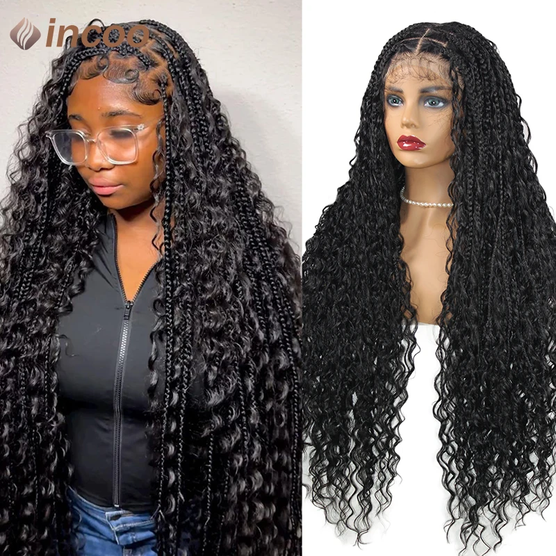 Boho กล่อง Braided Wigs ผมหยิกสังเคราะห์วิกผมลูกไม้ด้านหน้าด้านหน้าสําหรับผู้หญิงสีดําเทพธิดา Locs Braid วิกผม Bohemian กล่อง Braid วิกผม