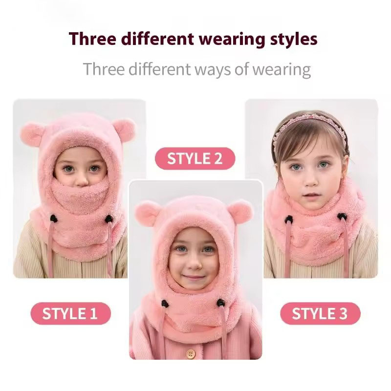New Children's All-in-one Protective Helmet Balaclava Thicken Warm Drawstring Adjustable Outdoor Skiing Cute Bear Ear Plush Hat