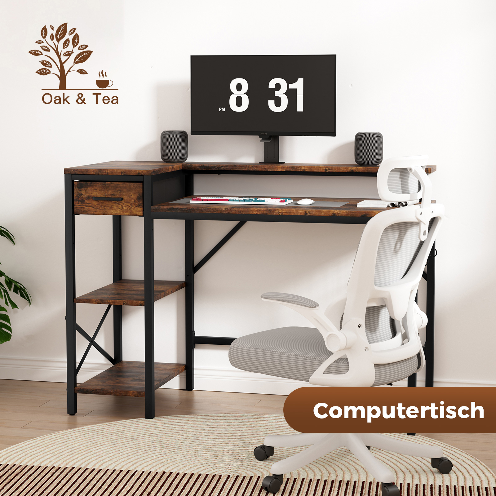 Oak & Tea Corner Desk L-Shape 120cm PC table with Adjustable Shelves & Vintage Design, office/Gaming table