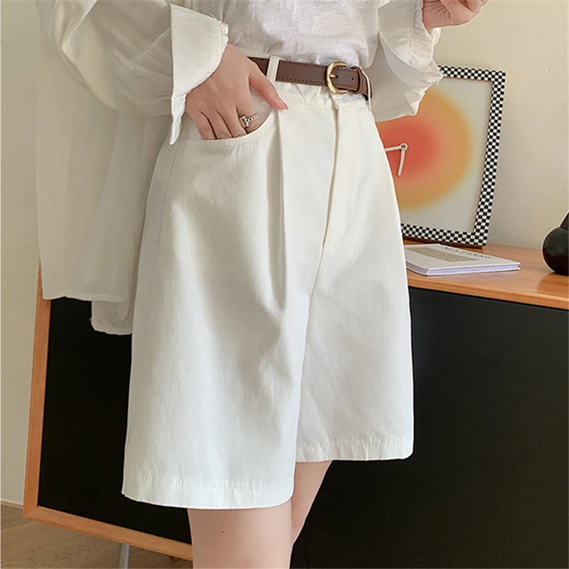 Calção de algodão de linho cintura alta feminina, calça casual larga de perna larga, calça curta elegante, roupa de trabalho para o verão, 2024