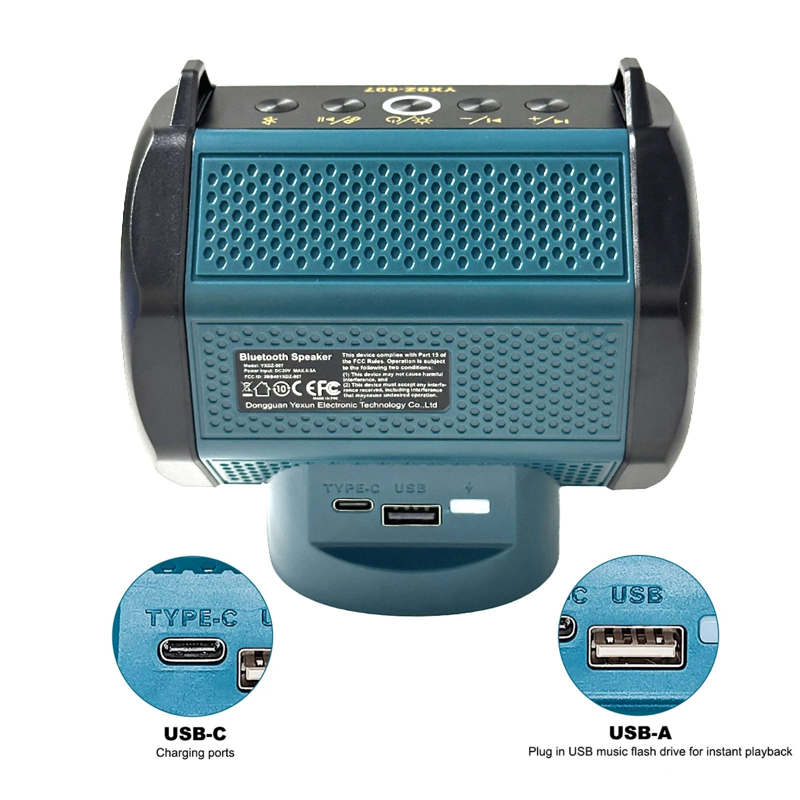 Alto-falante Bluetooth para Makita 18V Bateria de íon-lítio com porta USB tipo C Alto-falante pequeno sem fio para trabalhos, casa e festas