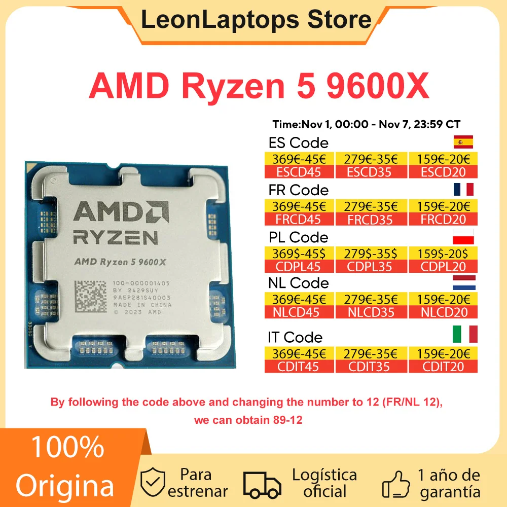 AMD-Processeur CPU de jeu Ryzen 5 9600X d'origine, R5 9600X, 6 cœurs, 12 fils, 3.9 GHz, 4nm, 65W, 38 Mo, prise AM5, ordinateur de bureau sans ventilateur
