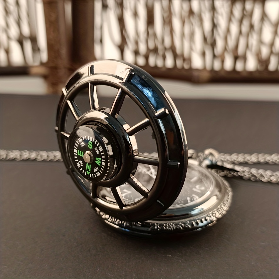 Vintage Black Compass Design Quartz Pocket Watch, With Necklace Pendant, World-Time Feature, Pointer Display Pocket Watch