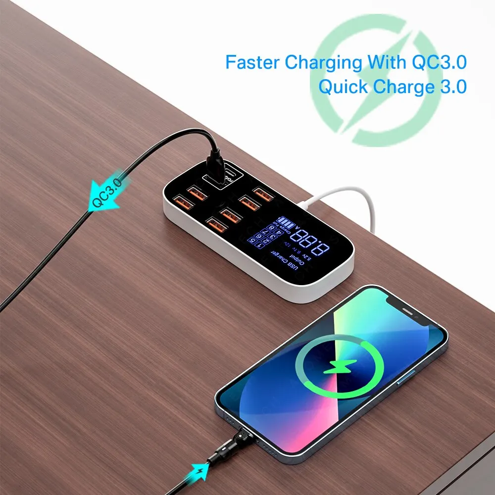 Stazione di ricarica USB Desktop ASOMETECH a 8 porte con Display a LED QC3.0 PD3.0 ricarica USB rapida per iPhone 14 13 Pro Xiaomi