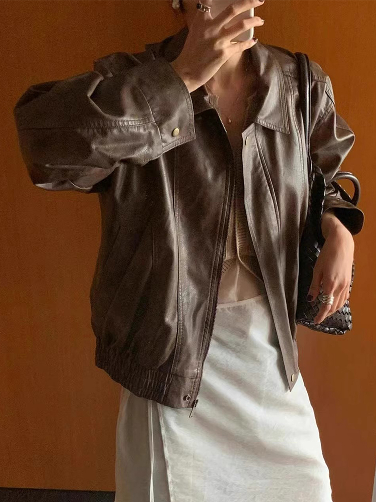 ChicAutumnVintage ショートジャケット レディース ルーズフィット 多用途 BF スタイル ディストレスト オートバイ レザー ジャケット 18-24 歳用