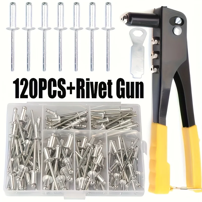 Conjunto de rebitador resistente pop arma rebite com 120 unhas kit variedade rebites cegos ferramentas manuais ferramenta porca rebite para projetos diy