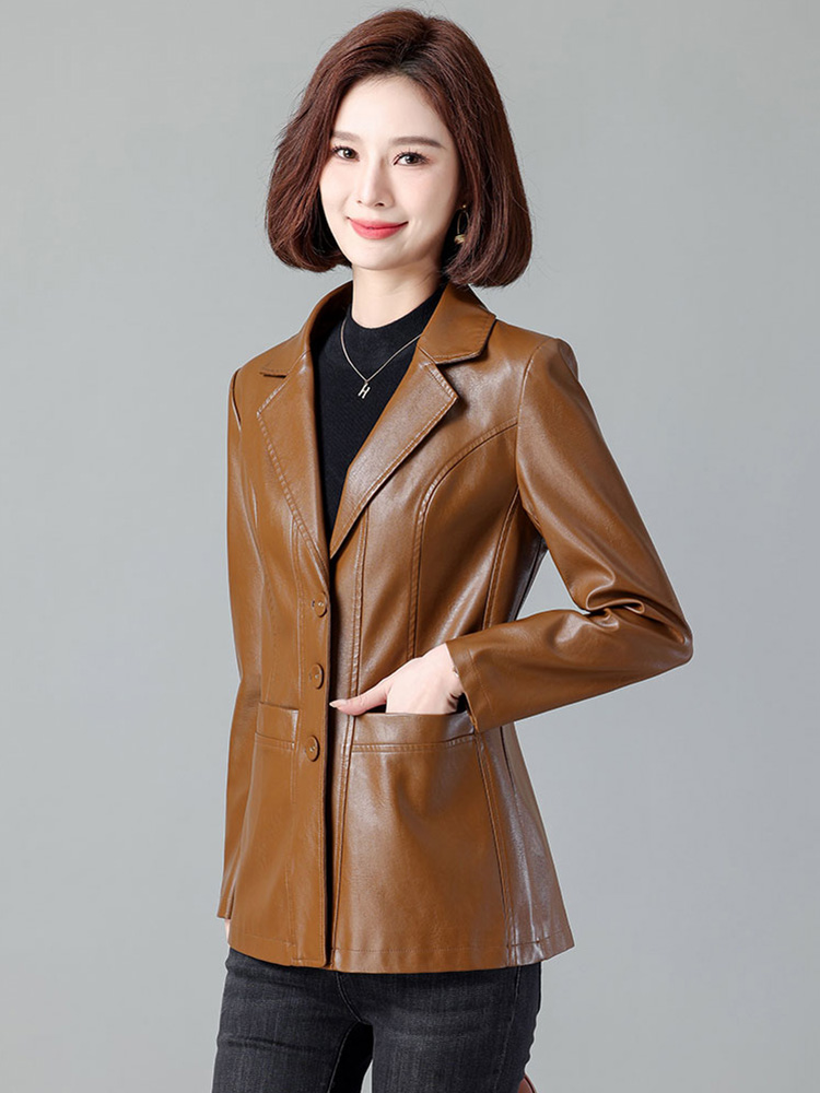 New Women Leather Blazer Spring Autumn Fashion Suit Collar Single Breasted Slim Leather Jacket Split Leather Long Sleeve Coat