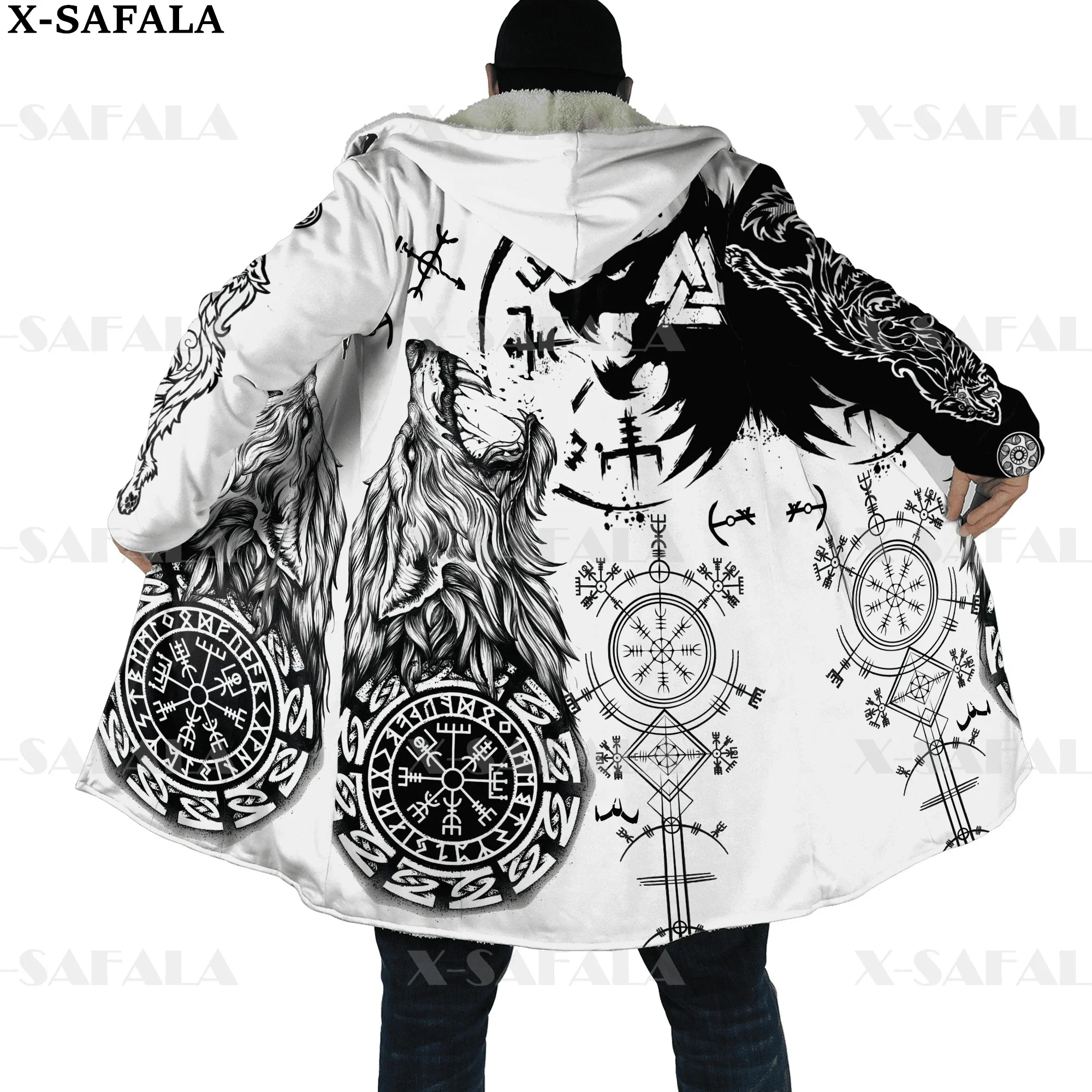 Viking odin tatuagem vegvisir rune raven grosso quente com capuz capa masculina casaco à prova de vento velo capa robe cobertor com capuz-3