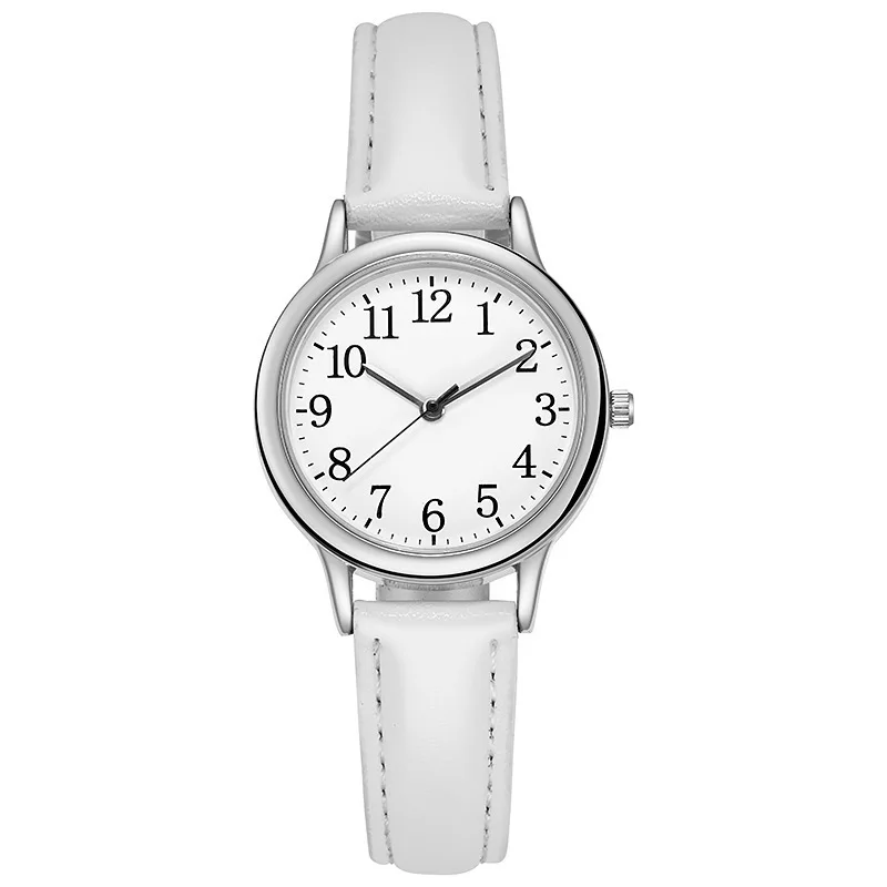 Pouco fresco esporte feminino relógio de quartzo algarismos árabes mostrador simples pulseira de couro do plutônio feminino cor doce