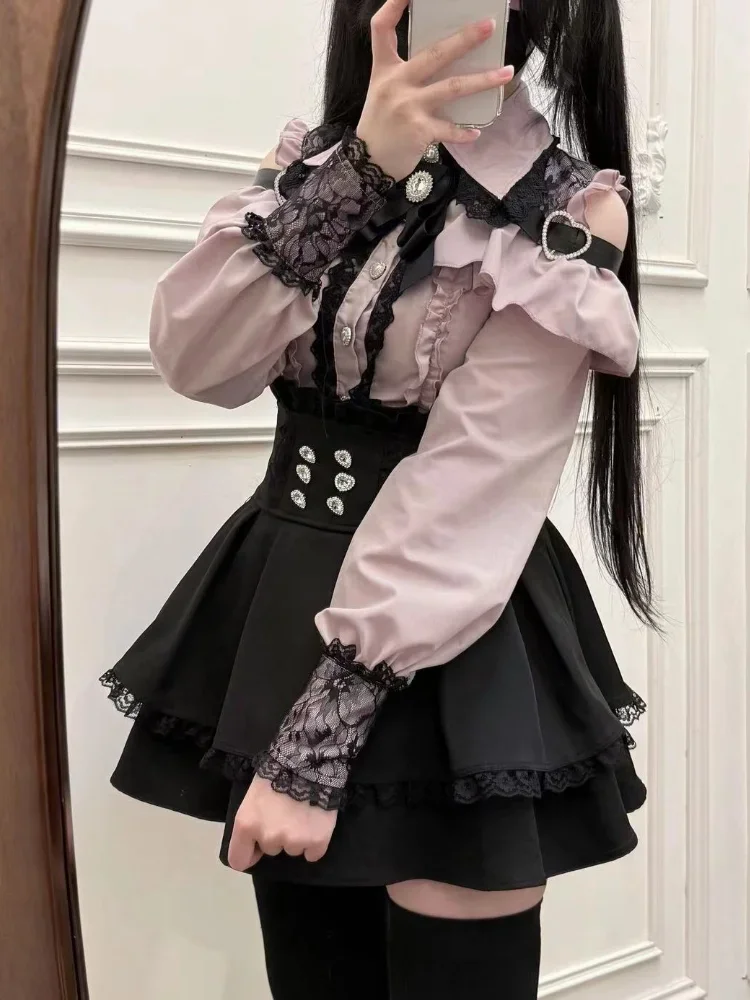 Japoński Y2K Estetyka Vintage Sukienka z Kokardą i Szortami Zestaw Damski Gotycki Lolita Styl Długa Koszula Sukienka Eleganckie Garnitury na Imprezę