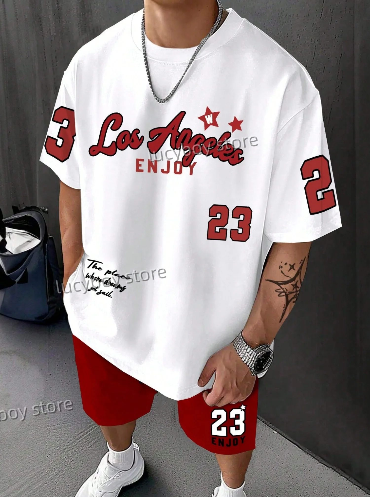 LOSANGLES Nr. 23 Print Herren Sommer Casual Kurzarm T-Shirt Shorts Set Erwachsene Basketball JoggingOversized 2-teiliges Set Kleidung
