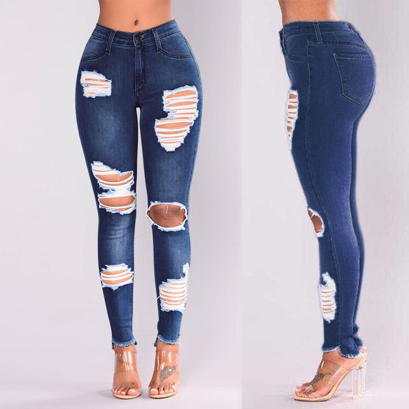 Europa e nos estados unidos nova moda jeans lápis rasgados elásticos, primavera e outono feminino fino calças de perna pequena jeans