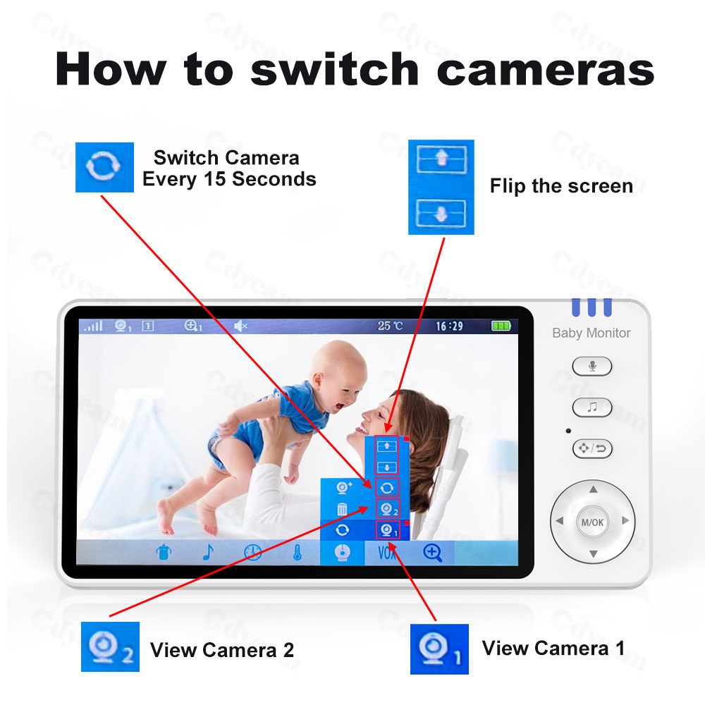 Baby monitor video da 5 pollici con telecamera Pan Tilt 2.4G Madre Bambini Sorveglianza Videocamere PTZ Visualizzazione della temperatura Camma di sicurezza domestica