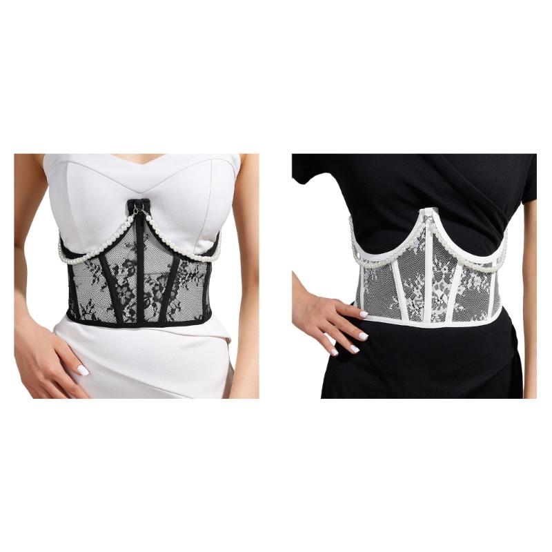 Q0KE corsé de cintura de encaje transparente para adolescentes, cadena de perlas colgantes, decoración, faja moldeadora de ropa