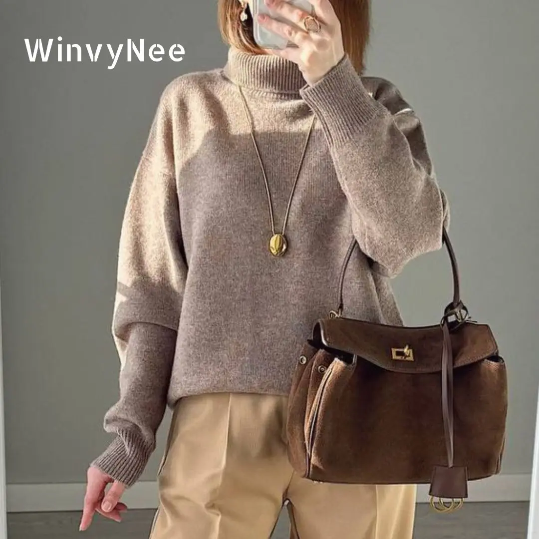 WinvyNee Damskie Wełniane Swetry Golf Casual Długi Rękaw Pulowery Dzianinowe Miękkie Plus Size Zimowe A1103002C