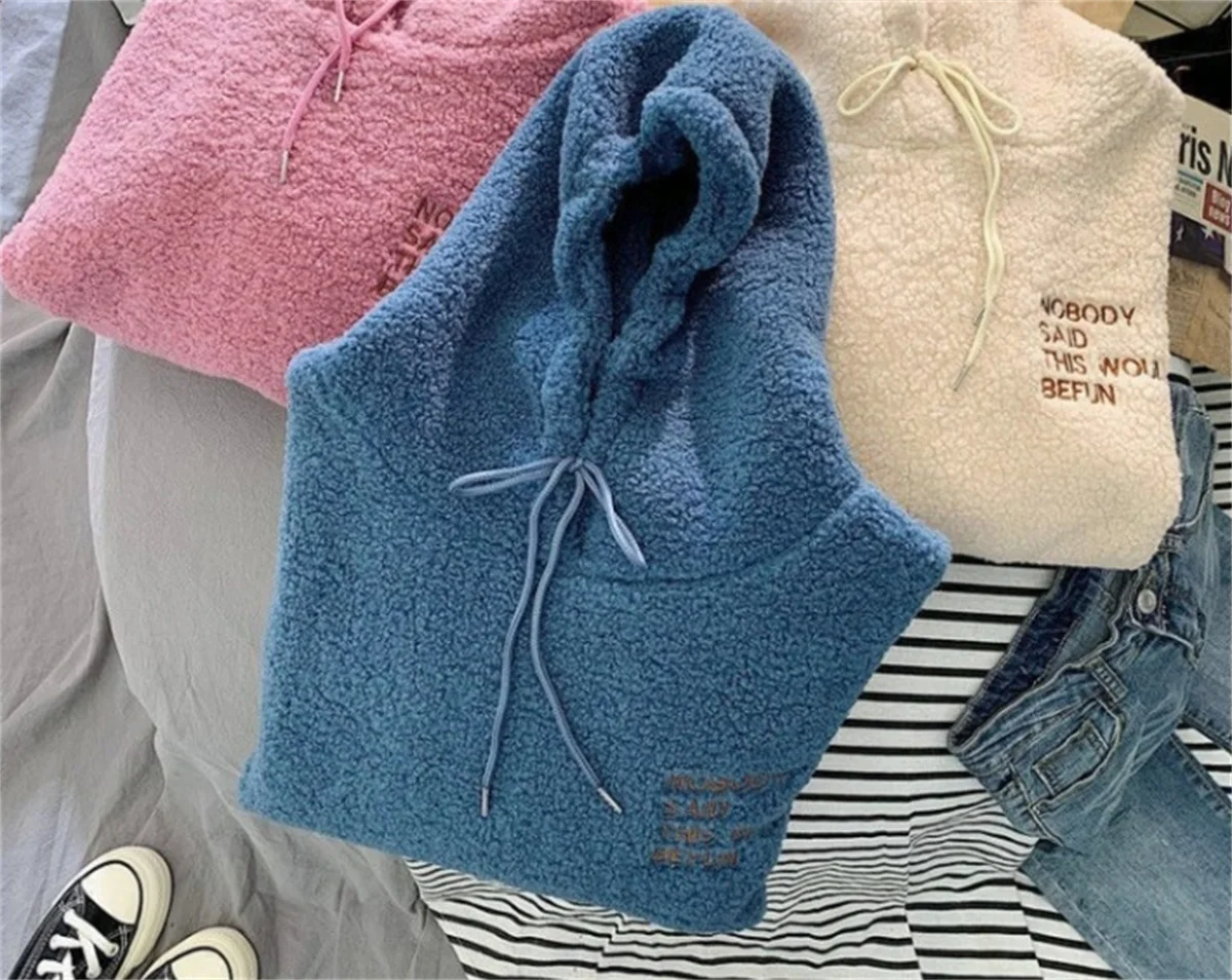 Outono inverno moda moletom com capuz feminino coreano solto sólido carta topos manga longa roupa quente com capuz senhora casual rua