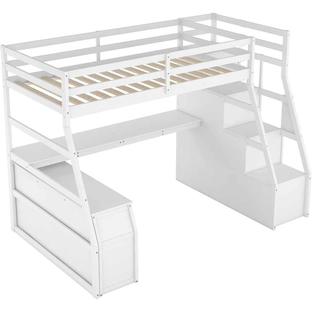 Twin Loft Bed. Twin Loft Bed with Stairs &Desk, Wood Loft Bed Frame with Storage Drawers and Cabinet,High Bed with Storage