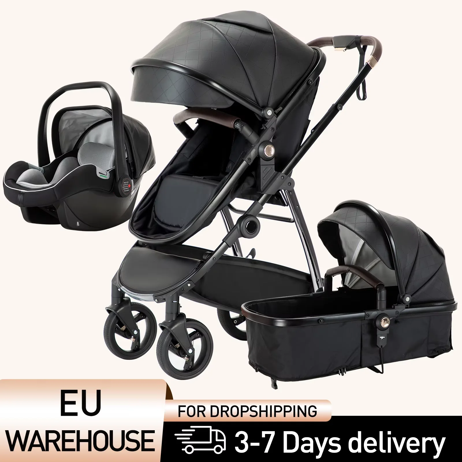 Kinderwagen 3-in-1-Kinderwagen Tragbarer, luxuriöser Reisekinderwagen Hochlandschafts-Kinderwagen für Neugeborene mit Babytrage PU