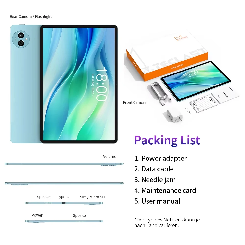 Teclast P50 Tablet 11 "Display HD 6GB RAM 128GB ROM Unisoc T606 Octa Cores 8000mAh Bateria Android 14 L1 Tablets Versão LTE (4G)