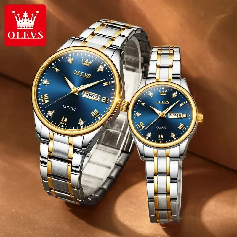 OLEVS-Reloj de acero inoxidable para hombre y mujer, cronógrafo de pulsera luminoso HD, resistente al agua, caja de regalo