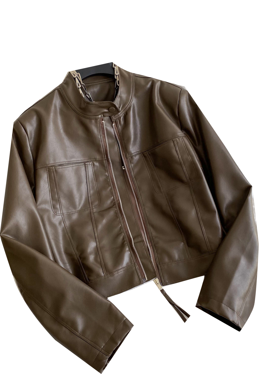 Jaqueta de Couro PU Versátil e E para Mulheres, Curta, Solta, Casual, com Gola Alta e Cinto, Roupa Externa de Outono