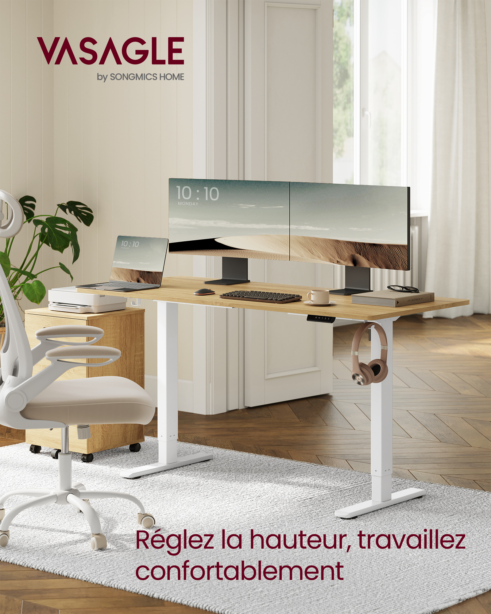 Bureau Électrique Réglable en Hauteur,  sans Plateau de Table, avec 2 Crochets, Fonction Mémoire 3 Hauteurs, Acier, Blanc Mat