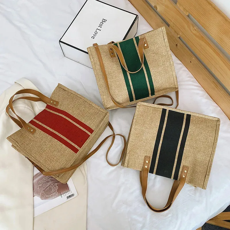 Eenvoudige damestas met grote capaciteit, casual schoudertas, canvas gestreepte decoratieve emmervormige handtas, handtas met handvat aan de bovenkant