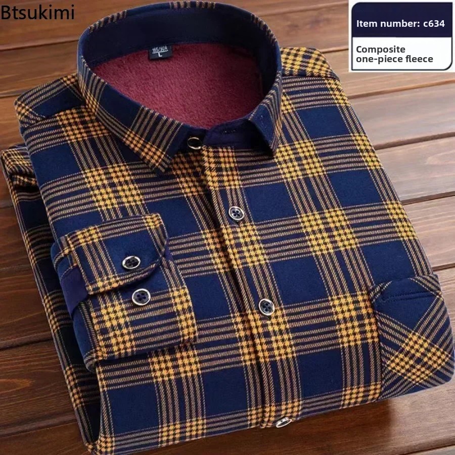 New 2025 Men's Long Sleeve Warm Plaid Shirt Autumn Winter Thick Fleece Casual Oversized Shirt Male Vintage Sweater Men Clothing