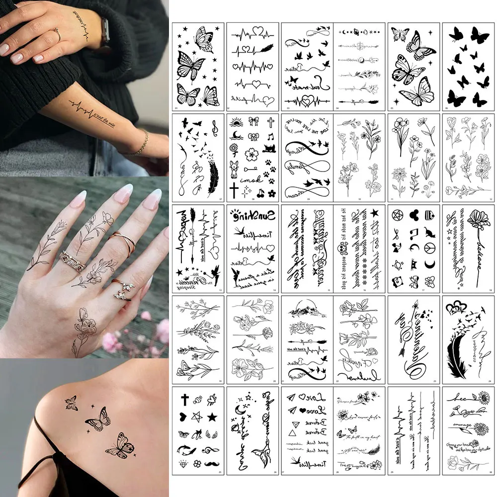 30 stücke Wasserdicht Temporäre Tattoo Aufkleber Schmetterling Ring Tropic Feder Kreuz Blume Herz Linie Körper Kunst Arm Gefälschte Tato Frauen männer