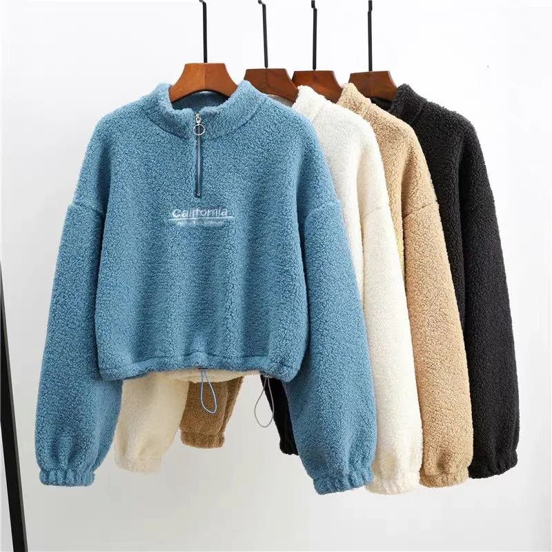 Vrouwen Letter Borduurwerk Stand Hals Fleece Cropped Hoodies Herfst Lange Mouw Trekkoord Sweatshirt Nieuwe Casual Pluche Fluwelen Tops