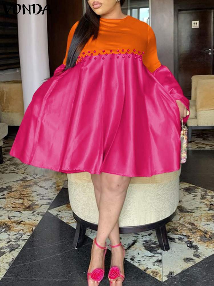 Plus Größe 5XL VONDA Böhmischen Mini Kleid Frauen Sommer Farbe Patchwork Kurze Sommerkleid 2024 Casual Langarm Perlen Lose Vestido