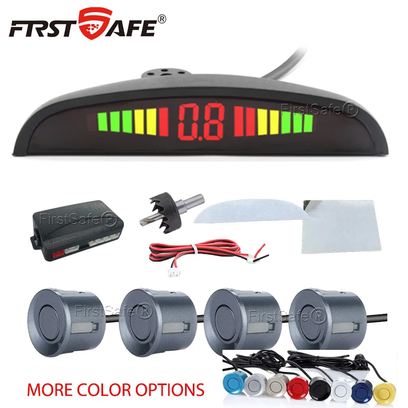 FirstSafe Factory Автомобильный светодиодный датчик парковки, 4 датчика, 22 мм, подсветка дисплея, комплект обратного радара, система монитора 12 В, 13 цветов