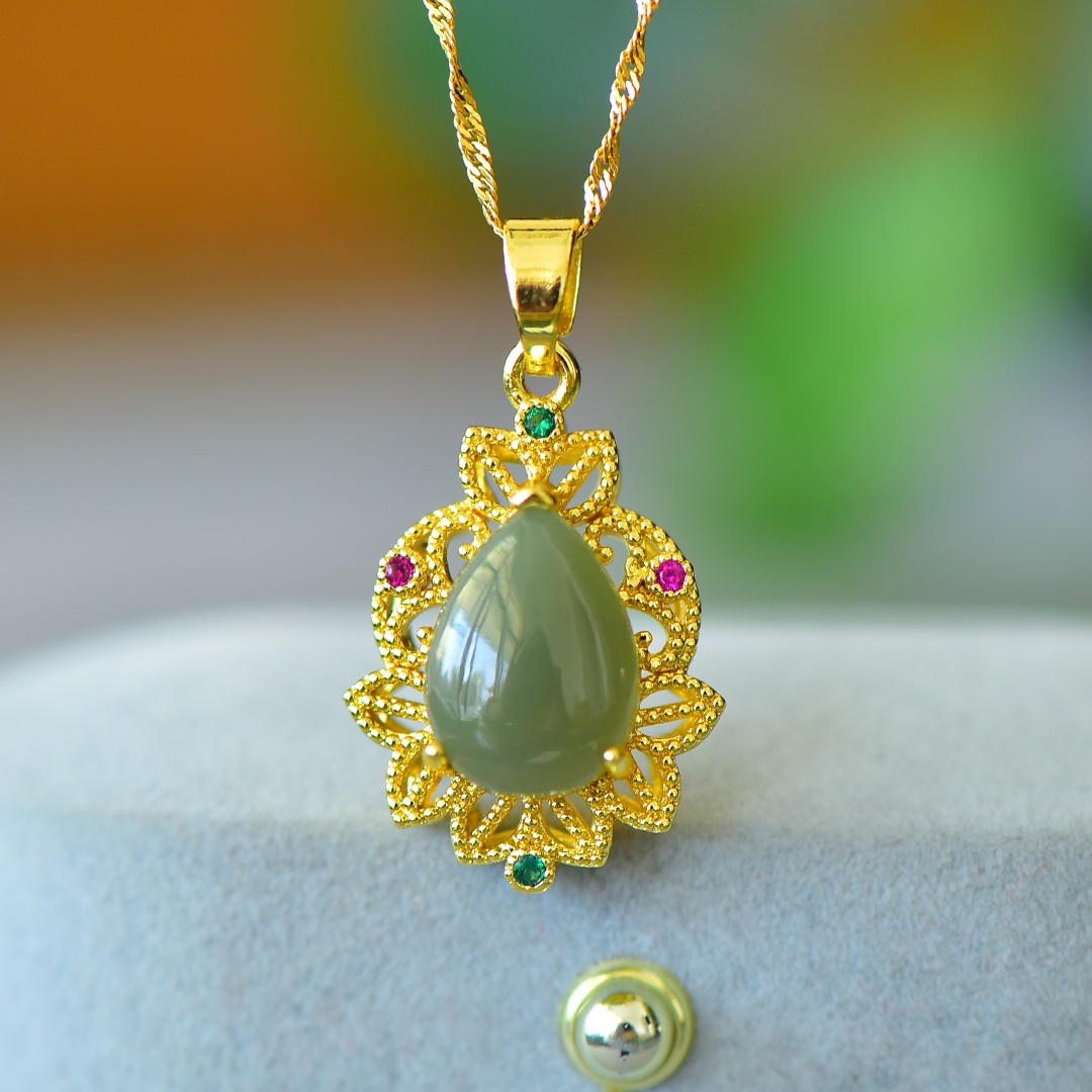 Colgante de cobre con incrustaciones de Jade hetiano Natural para mujer, joyería de goteo de agua, regalos de riqueza