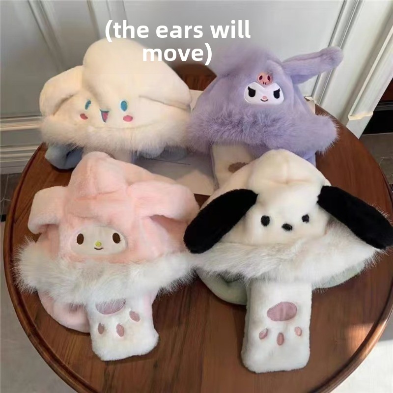New Sanrio Kulomie Children's Winter Thickened Three-piece Scarf Airbag Hat Integrated Ears Will Move scarves hat
