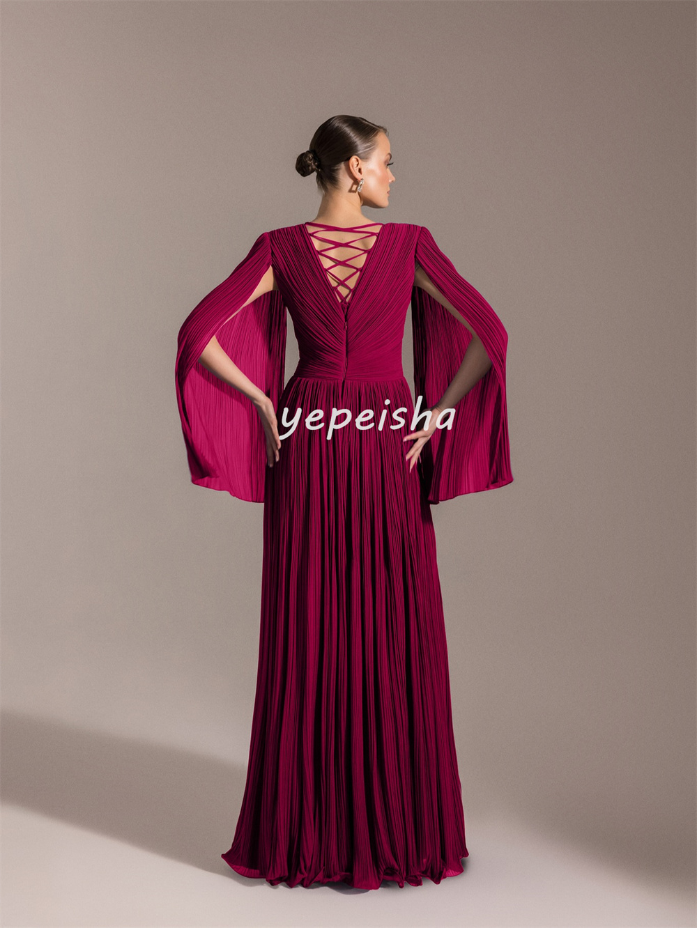 Personalizado requintado retro chiffon cruzado drapeado plissado a linha com decote em v vestidos longos sob medida vestidos de ocasião moda elegante