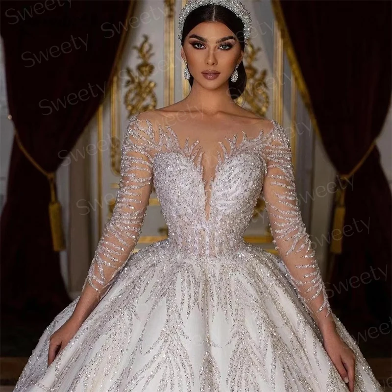 Glitter Hochzeit Kleid Spitze Mit Perlen Ballkleid Prinzessin Volle Hülse O-ansatz Braut Kleid Backless Angepasst Vestido De Novia