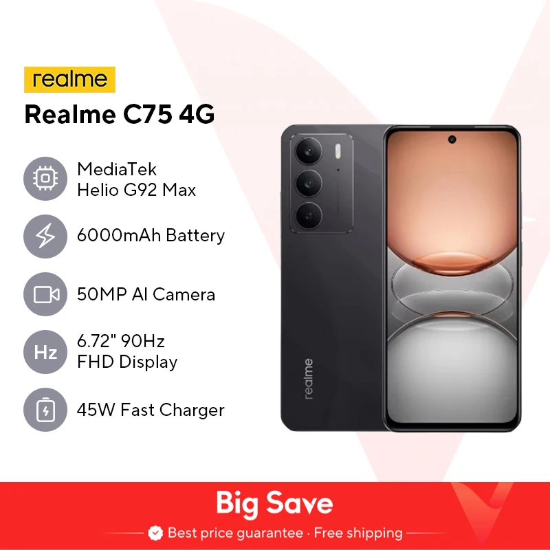 [Estreno mondiale] realme C75 Smartphone Helio G92 Max Chipset 5828mAh Batteria 45W Carica 6.72'' Display 90Hz Fotocamera 50MP NFC IP69