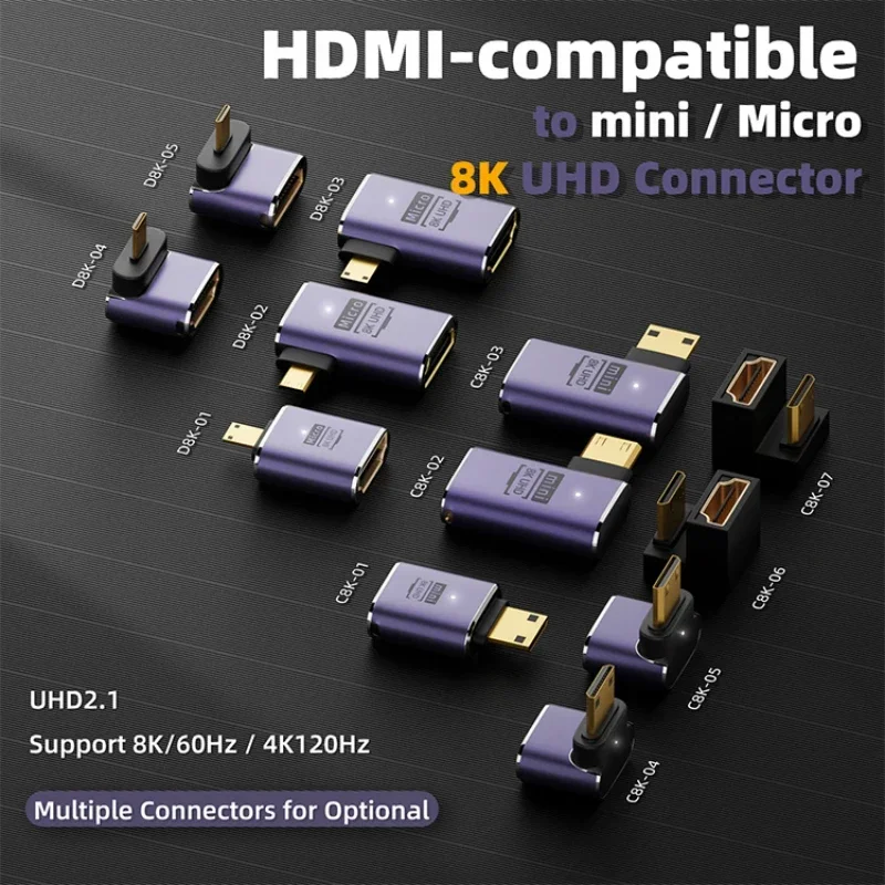 Adaptador Compatible con HDMI, convertidor macho a hembra de ángulo recto de 90 y 270 grados, conector HD 8K, extensor compatible Mini/Micro HDMI