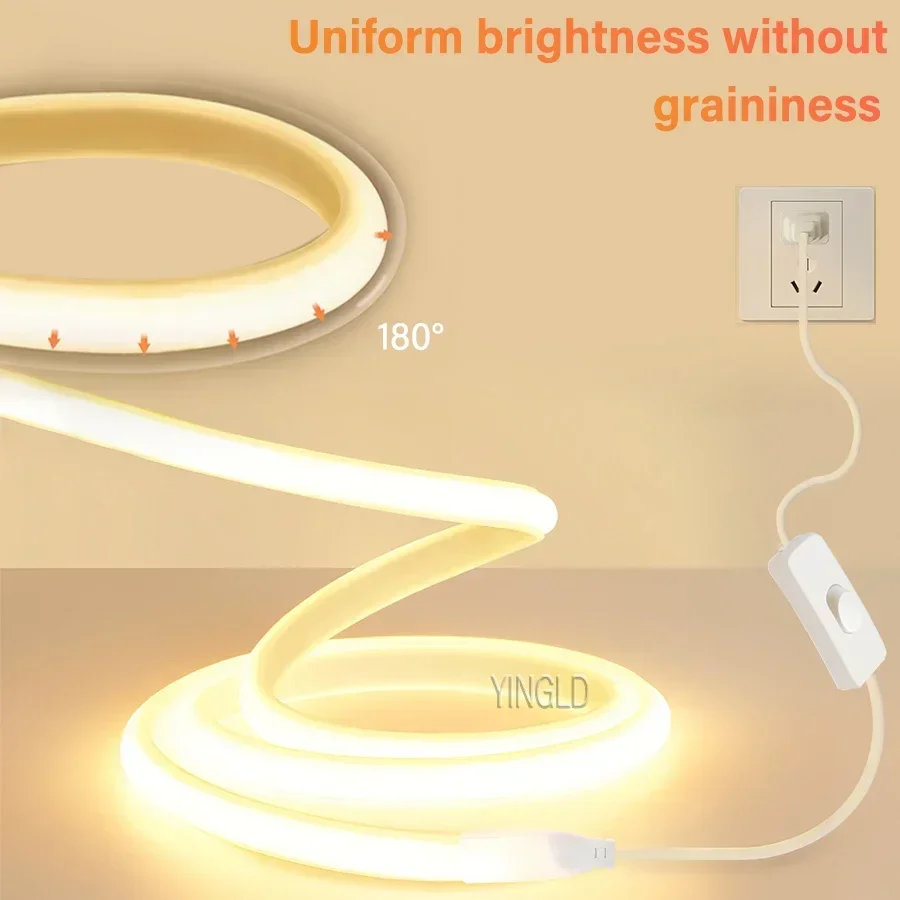 높은 밝은 220V COB LED 스트립 빛 110v 스위치/디밍이 가능한 RA90 유연한 네온 테이프 주방 캐비닛 조명 방수 정원