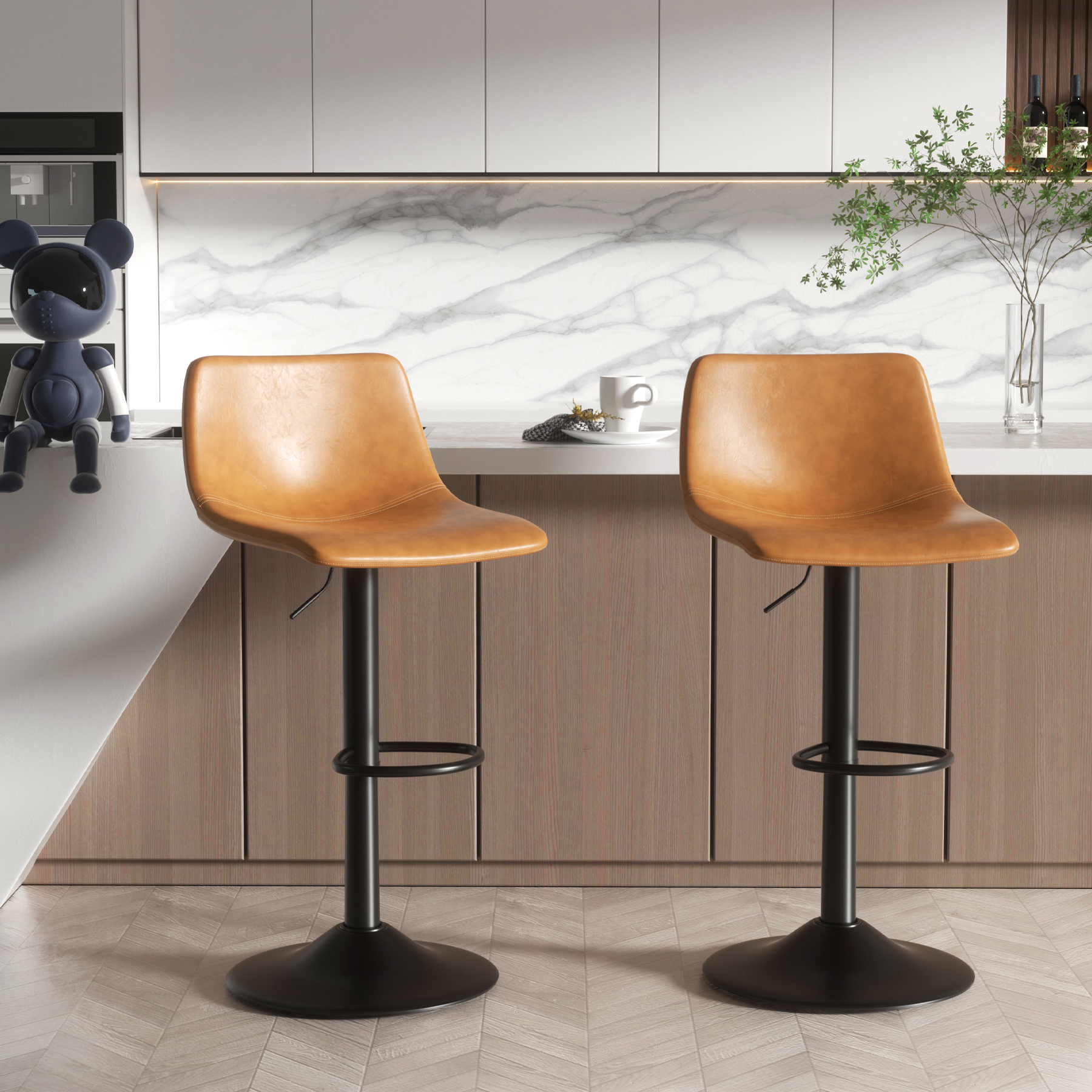 Rotating Bar Stool 2-Piece Set, Modern Bar Stool with High Counter, Artificial Leather Bar Chair with Backrest and Metal Legs, Suitable for Kitchen Island, Bar, Living Room