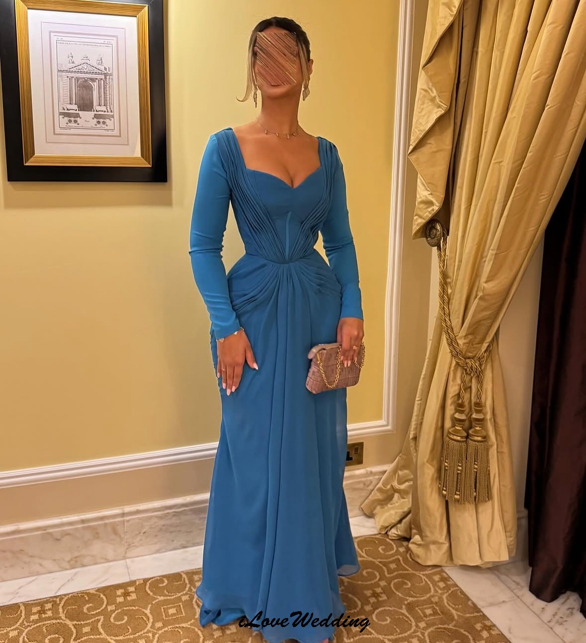 Blue V-Neck Evening Dresses Elegant Chiffon Woman Wedding Party Dress Formal Ruched Mermaid Long Sleeve Ankle Length Customized