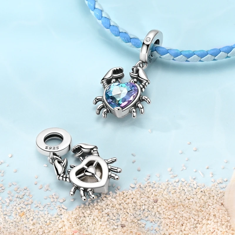 Original 925 prata esterlina encantos contas caranguejo azul lagosta vermelha encantos pingente para mulheres finas diy pulseira jóias presentes