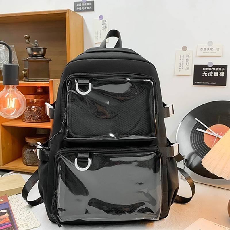 340d 대학생 대용량 나일론 백팩 iTabag 애니메이션 배지 핀 디스플레이를위한 일본인 투명 포켓 가방