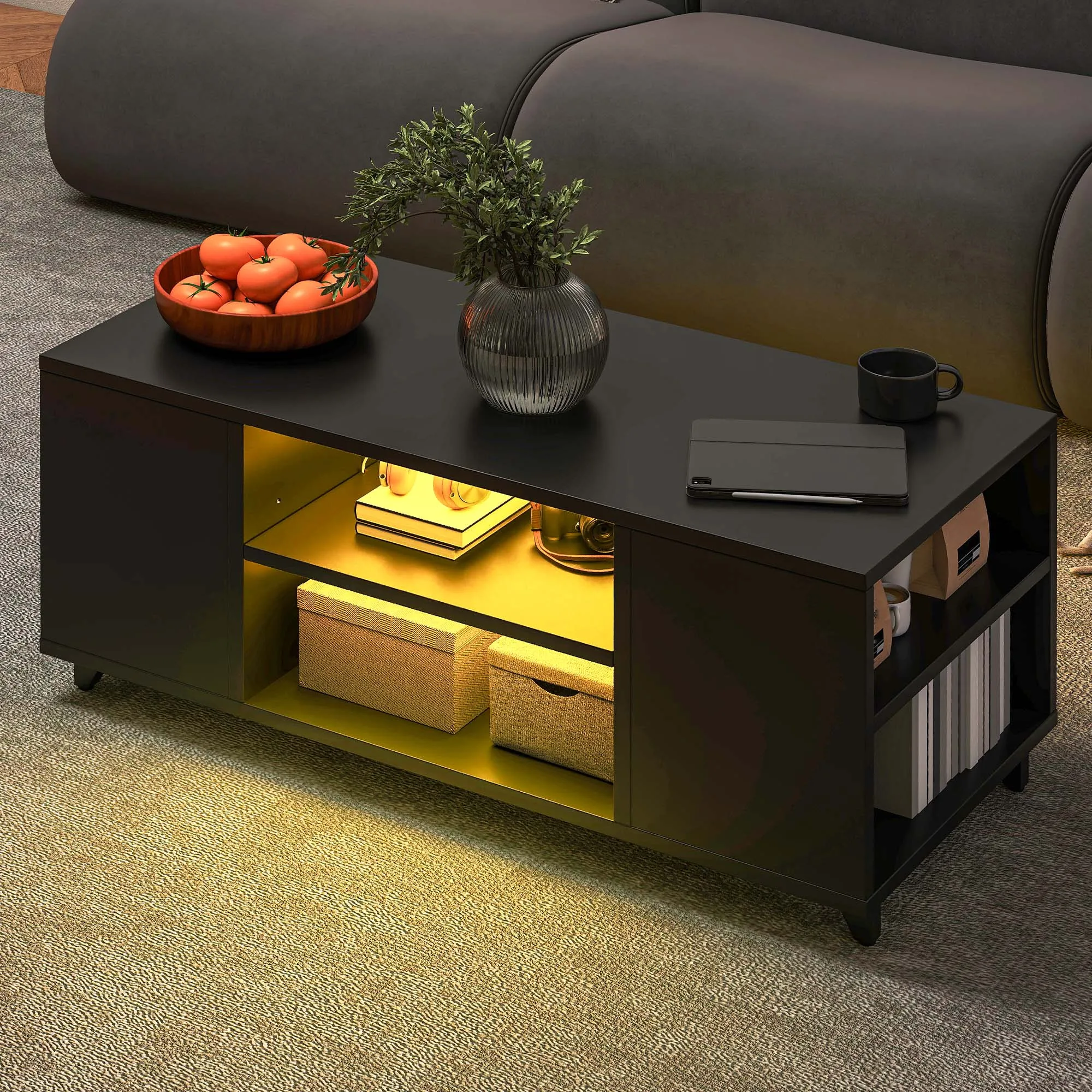 Balconera schwarz glänzender Couchtisch mit LED-Beleuchtung und offenen Regalen – moderner Wohnzimmertisch, 97,5 x 48 x 45 cm