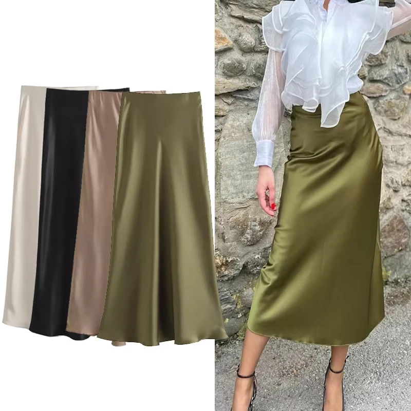 Falda HAXO para mujer, elegante falda de satén de verano, faldas elegantes de cintura alta para mujer, falda cilíndrica verde y negra, ropa de calle de oficina para mujer