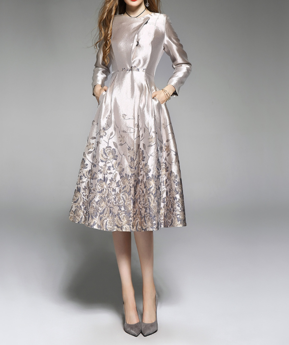 Primavera e outono nova luz de luxo jacquard bordado retro blusão comprimento médio pequeno vento perfumado vestido para mulher