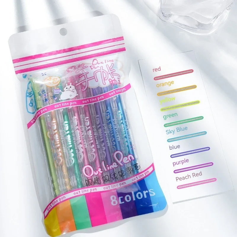 8 สีปากกาคริสต์มาส Glitter Highlighter ปากกาเจล Double Line Outline Art ปากกา MARKER ปากกา Bullet ไดอารี่โปสเตอร์การ์ด DIY เขียน