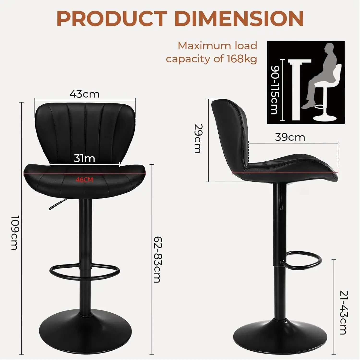 Ensemble de 2 tabourets de bar 360 °   Tabourets de bar pivotants réglables, chaises de bar à hauteur de comptoir avec dossier, bien rembourrées, cuir PU noir/gris
