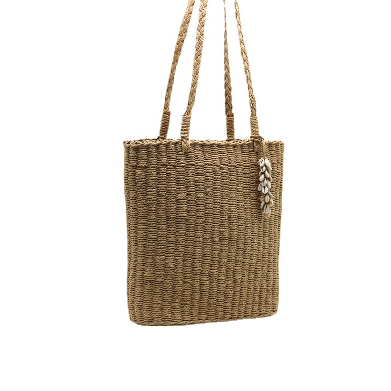 Saco tecido de ombro único tecido de palha quadrada Shell, bolsa grande cor camelo