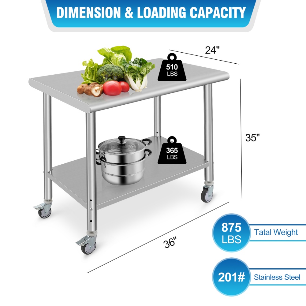 Stainless Steel Table for Prep & Work 36 x 24 x 35 Inches with Caster Wheels, NSF Commercial Heavy Duty Table for Home and Hotel